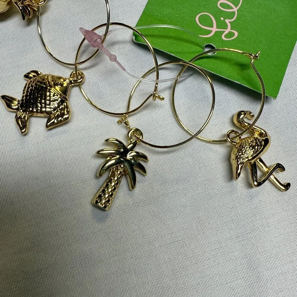 Lilly Pulitzer Gold Beverage‎ Charms Set of 4 Flamingo Palm Fish Pineapple NWT